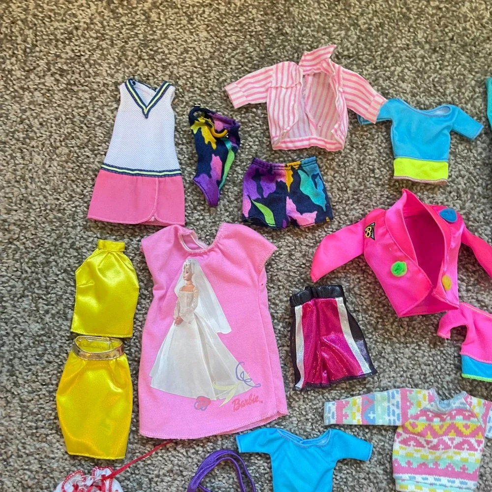 Vtg 60+ Piece Lot Barbie Doll Clothes 80s 90s Dresses Tops exercise neon workout